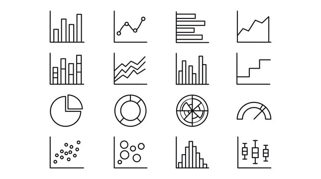 Collection of thin line icons representing various financial business charts and analytical data graph symbols