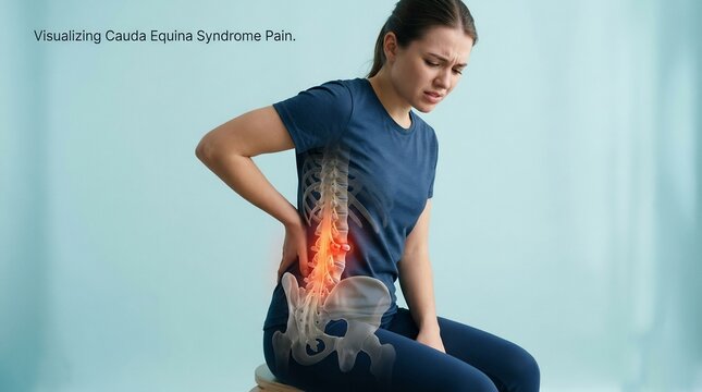 Woman experiencing severe lower back pain clutches her spine while a digital medical overlay highlights the lumbar region to illustrate the physical impact of cauda equina syndrome on the nerves.