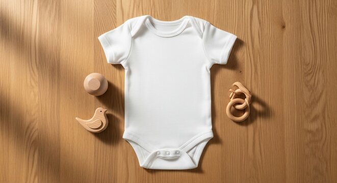 Minimalist White Baby Bodysuit Laid Flat with Wooden Toys on Natural Wood Background