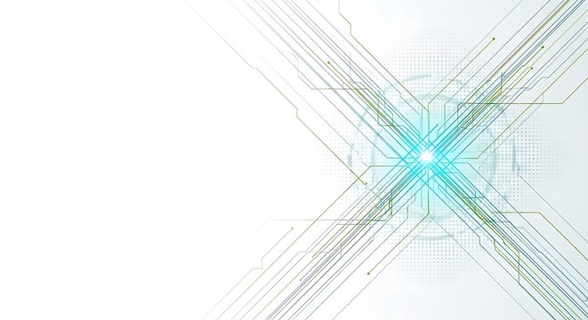 Glowing blue circuit, futuristic technology background, neon light trails, abstract electronic design