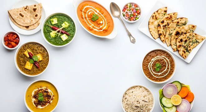 Indian cuisine, variety of dishes, food spread, colorful curries, naan bread