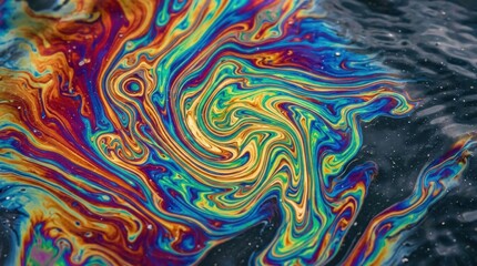 Obraz premium An oil spill reflects various colors on water, creating a swirling pattern with shades of blue, green, yellow, orange, and red under bright light.