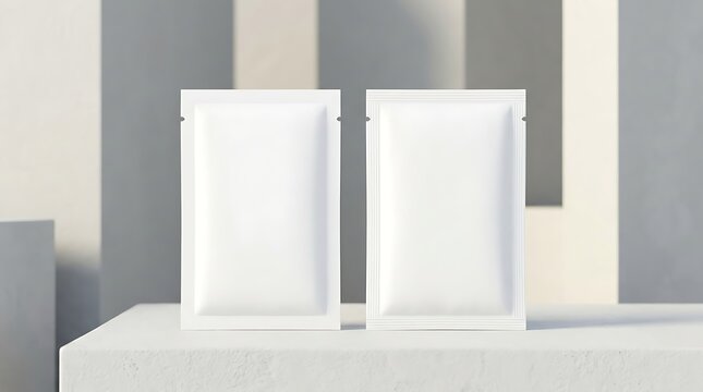 Two blank white sachet pouches mockup for cosmetic or food packaging design branding presentation on pedestal display