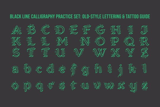 Black line calligraphy practice set old style lettering and tattoo guide alphabet uppercase and lowercase letters.
