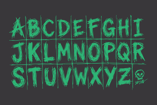 Green graffiti style alphabet letters A to Z with skull and crossbones on dark background unique design.
