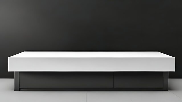 Minimalist retail display counter mockup with white top and black base against dark wall for product presentation