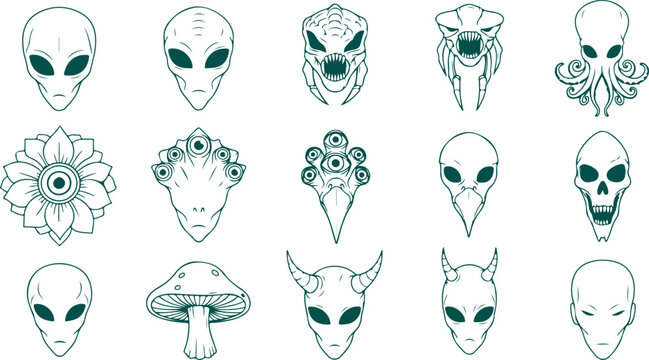 Set of alien heads and mythical creatures outline for tattoo design and sticker.