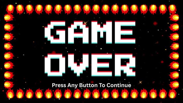 Vibrant retro pixel art display signaling the end of gameplay, featuring stylized text, a classic visual glitch effect, and an illuminated border reminiscent of an arcade machine