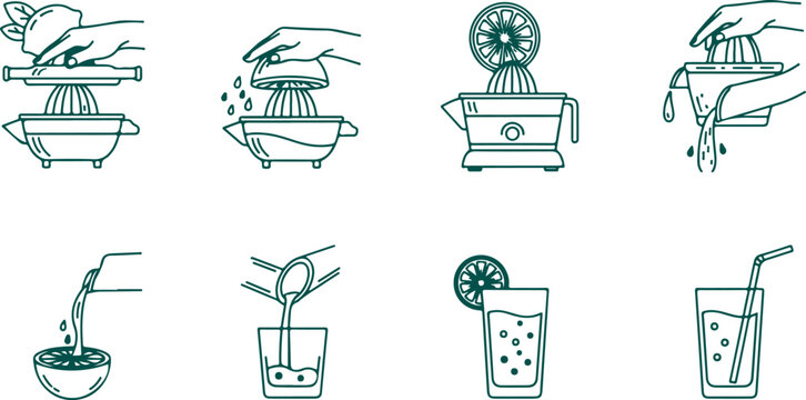 Citrus juicing process with hands and juicers fresh squeezed lemon and lime drinks preparation.