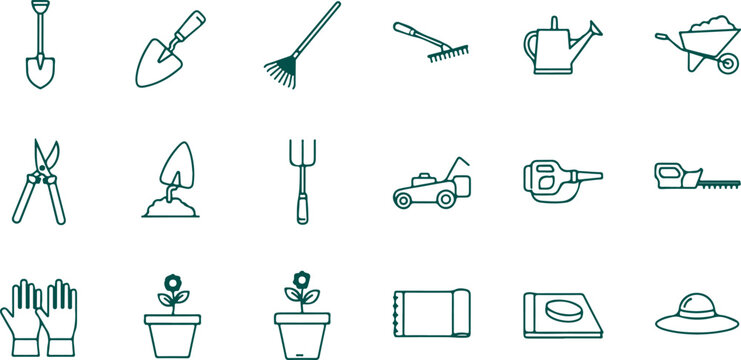 Gardening tools and equipment for planting and maintenance including mower secateurs and watering can.