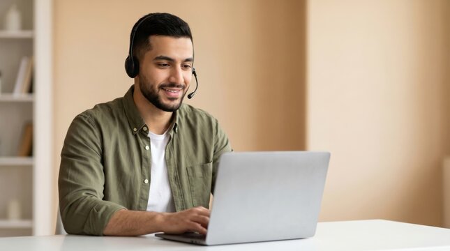 Smiling Young Middle Eastern Man Wearing Headset Using Laptop Computer Working Online From Home Office.