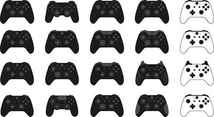 Modern Gaming Controller Icon Collection Featuring Wireless Gamepad Designs, Console Accessory Symbols, and Minimal Black Vector Illustrations © MSTMONIRA