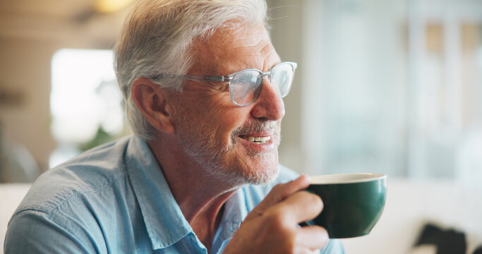 Thinking, old man and drink coffee in home with smile, relax and nostalgia with retirement in morning. Thoughts, living room and senior person with beverage, perspective or remember memory with peace