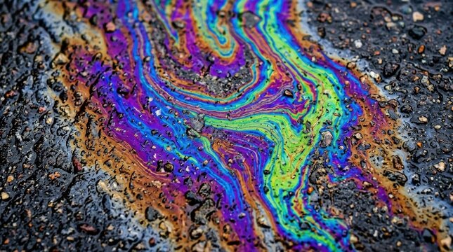An oil spill forms a colorful, shiny pattern on a dark surface revealing various shades and textures in daylight.