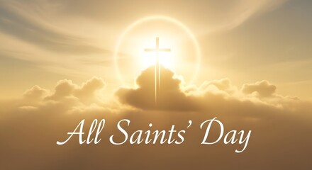 Golden sunrise with cross in clouds on all saints' day