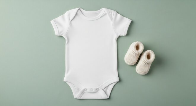 Minimal White Baby Bodysuit and Knit Bootie Arranged on Soft Green Background