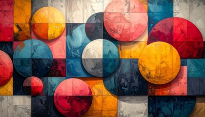 Fototapeta premium A vibrant abstract composition features overlapping colorful circles atop a grid of varied-hue squares, creating depth