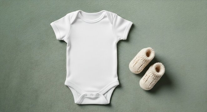 White Baby Bodysuit and Knitted Bootie Arranged on Soft Green Fabric Background