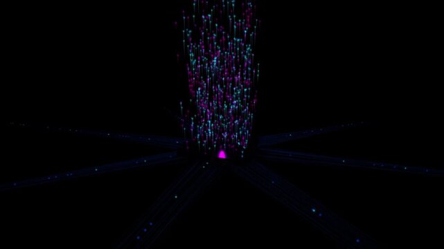 Abstract digital fountain of glowing blue and purple particles rising from a dark geometric center