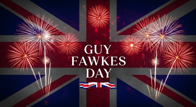 Guy fawkes day celebration with red and blue fireworks on union jack background