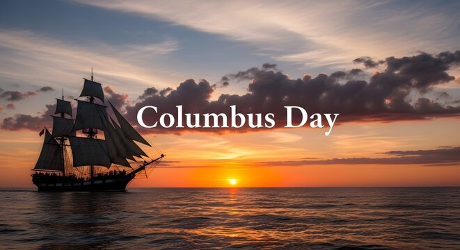 Columbus Day Classic explorer ship sailing on ocean horizon at sunset