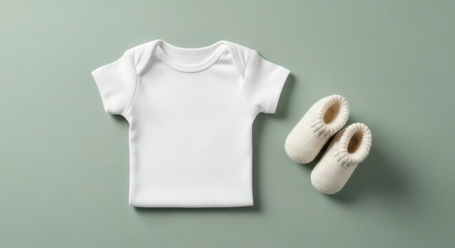 Minimal White Baby Bodysuit and Knit Bootie Set on Soft Green Background