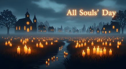 Haunting night scene with candles and church for all souls' day