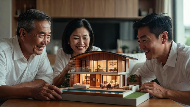 Happy asian family celebrates together over modern home model cozy indoor setting joyful unity