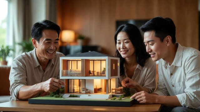 Happy asian family celebrating together modern home environment lifestyle moment joyful connection