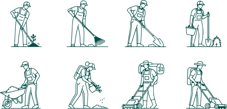 Gardening tools and actions: planting, raking, digging, watering, mowing, wheelbarrow, gardener icons.