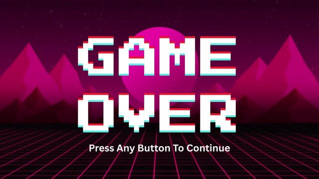Retro arcade 'Game Over' screen with pixelated text on vibrant synthwave background. Features neon pink mountains, futuristic grid, and classic 80s video game continuation message