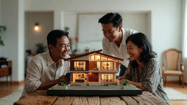 Family gathering around modern architectural model at home joyful atmosphere intimate setting