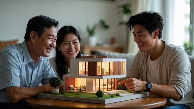 Family celebrating togetherness over modern architectural model in cozy home setting