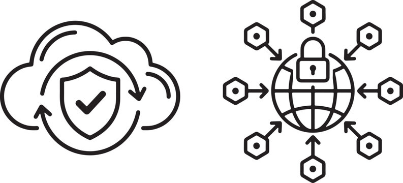 Art & Illustration, Global cyber defense network node protection icon vector. Minimalist monoline icon with secure shield over communication lines.