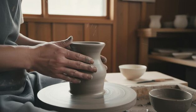 Crafting clay magic on a traditional Japanese pottery wheel in a serene workshop