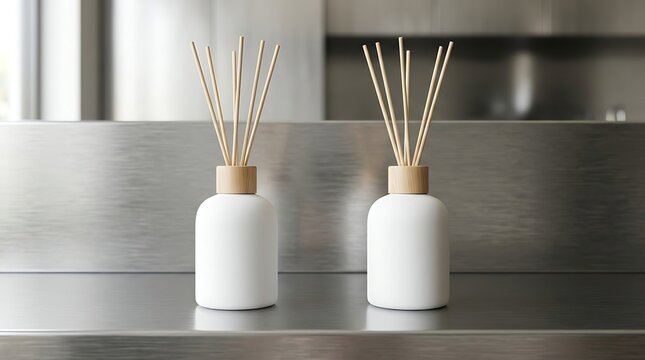 Two white aroma diffuser bottles with reed sticks on a stainless steel shelf for home fragrance and relaxation aromatherapy