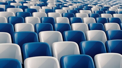 Fototapeta premium Rows of empty blue and white plastic stadium seats in a sports arena