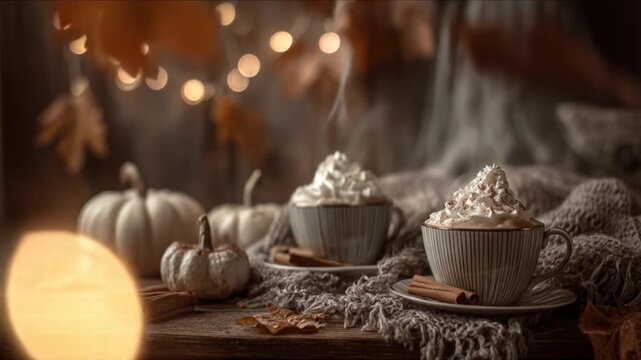 Warm drinks and decorative elements on a wooden surface with bokeh background