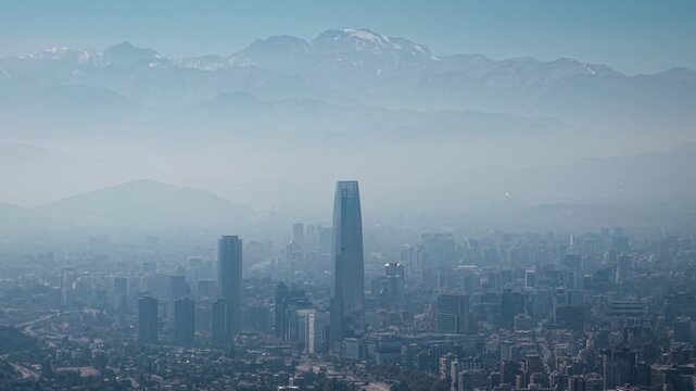 4K aerial drone footage of Santiago de Chile with Costanera and the Andes on the back