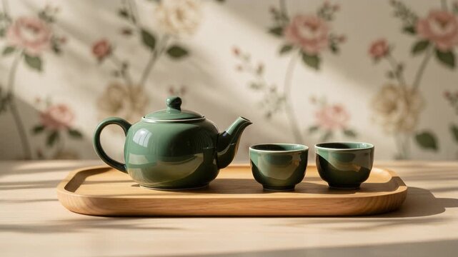 Green ceramic teapot and cups on wooden tray with floral wallpaper background in soft natural light