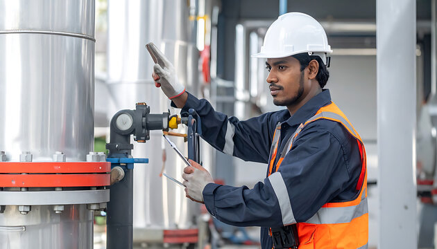 Industrial worker in hard hat and safety vest inspecting pipes and valves at a facility, checking tablet and clipboard, engineering, maintenance, checking gauges