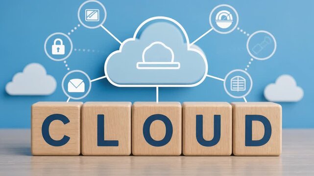 Wooden blocks spelling cloud with digital icons representing cloud computing and data security technology