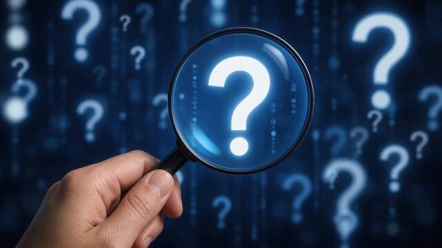 Hand holding magnifying glass focusing on glowing question mark with blurred question marks background
