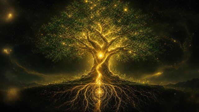 Magical glowing tree with illuminated roots and branches in a dark mystical landscape