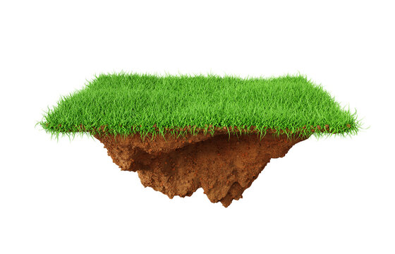 Green island with lush grass hovering in the air isolated on white background. 3d-rendering
