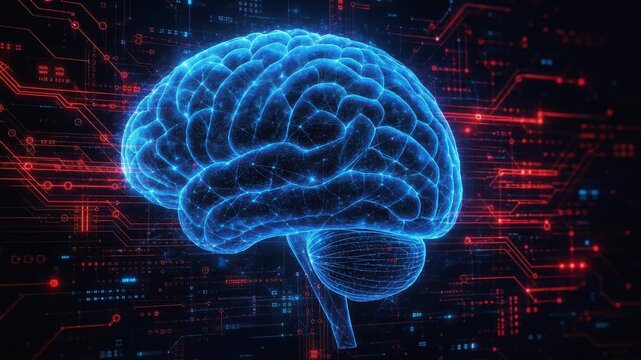 Futuristic digital brain illustration with glowing neural network and technology background