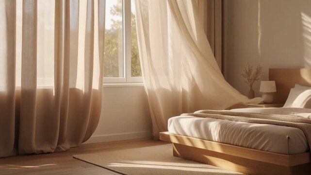 Cozy modern bedroom with natural light flowing through sheer curtains and stylish wooden furniture