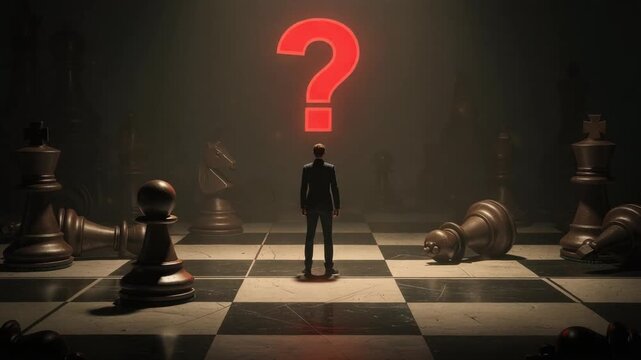 Man standing on giant chessboard surrounded by oversized chess pieces with question mark concept