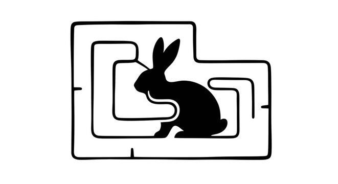 Silhouette of Rabbit in a Maze, Problem Solving Concept, Black and White