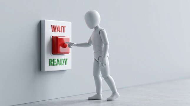 Decision Point: A simplified humanoid figure reaches out to press a large red button labeled WAIT and READY, symbolizing the moment of choice and anticipation.